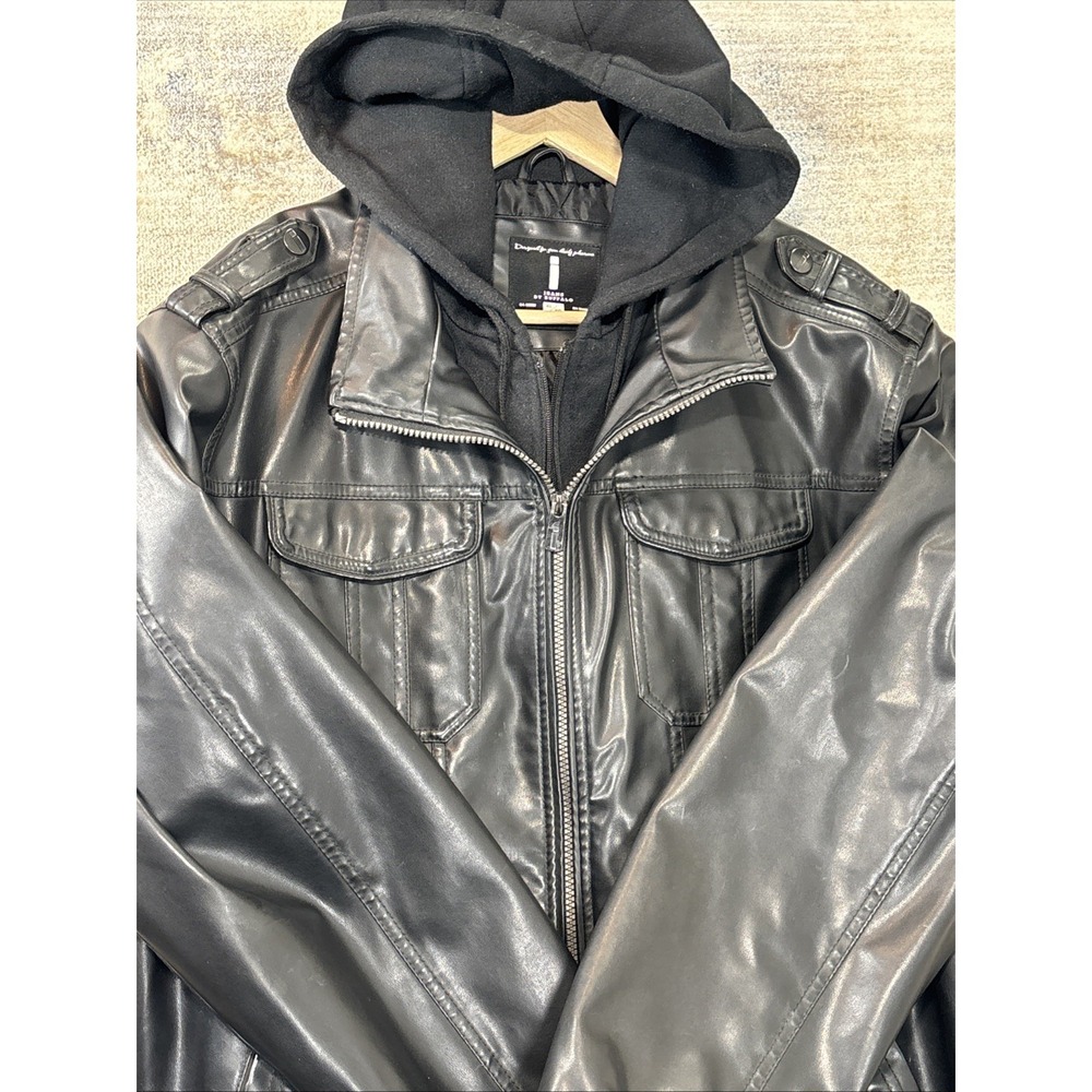 Buffalo Faux Leather Hooded‎ Bomber Jacket Women's XL Black Moto Zip